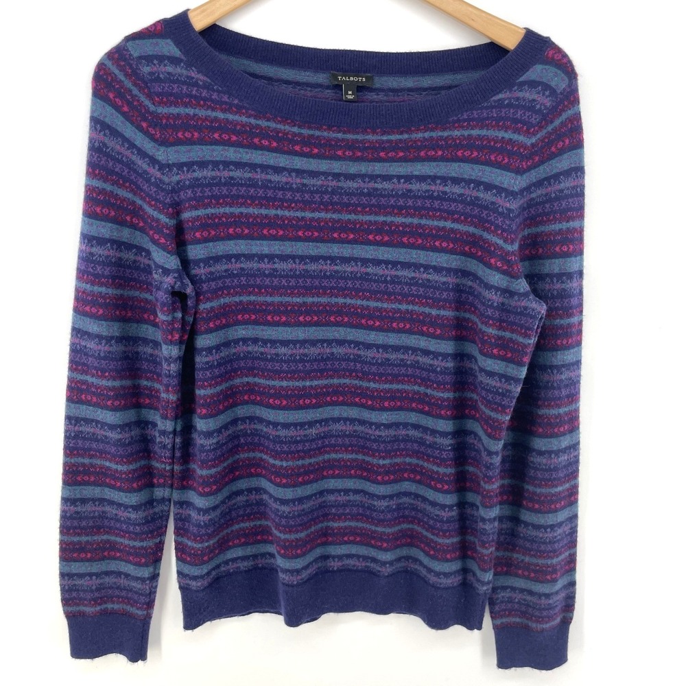 Talbots Sweater Sz Medium Purple Lambswool Blend Striped Nordic Fair Isle Preppy